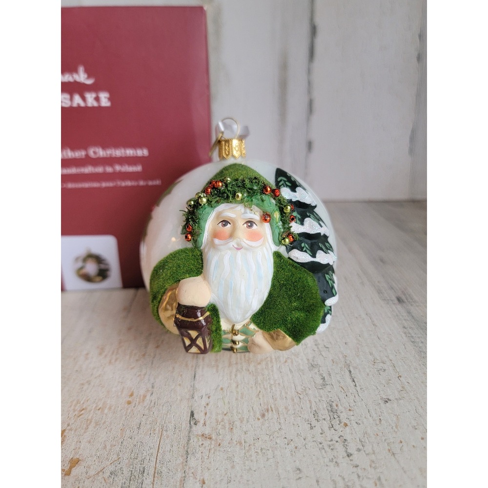 Hallmark evergreen Father Christmas blown glass ball ornament Xmas glitter